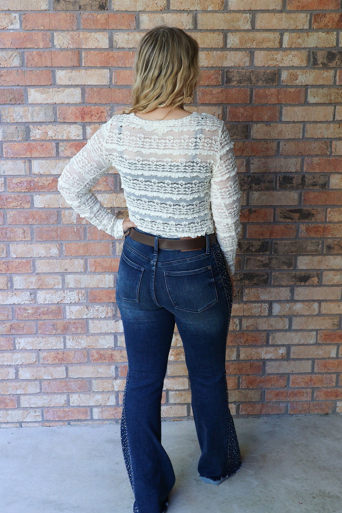 Lady Lux Ruffles Detail Flower Lace Sheer Top, Cream