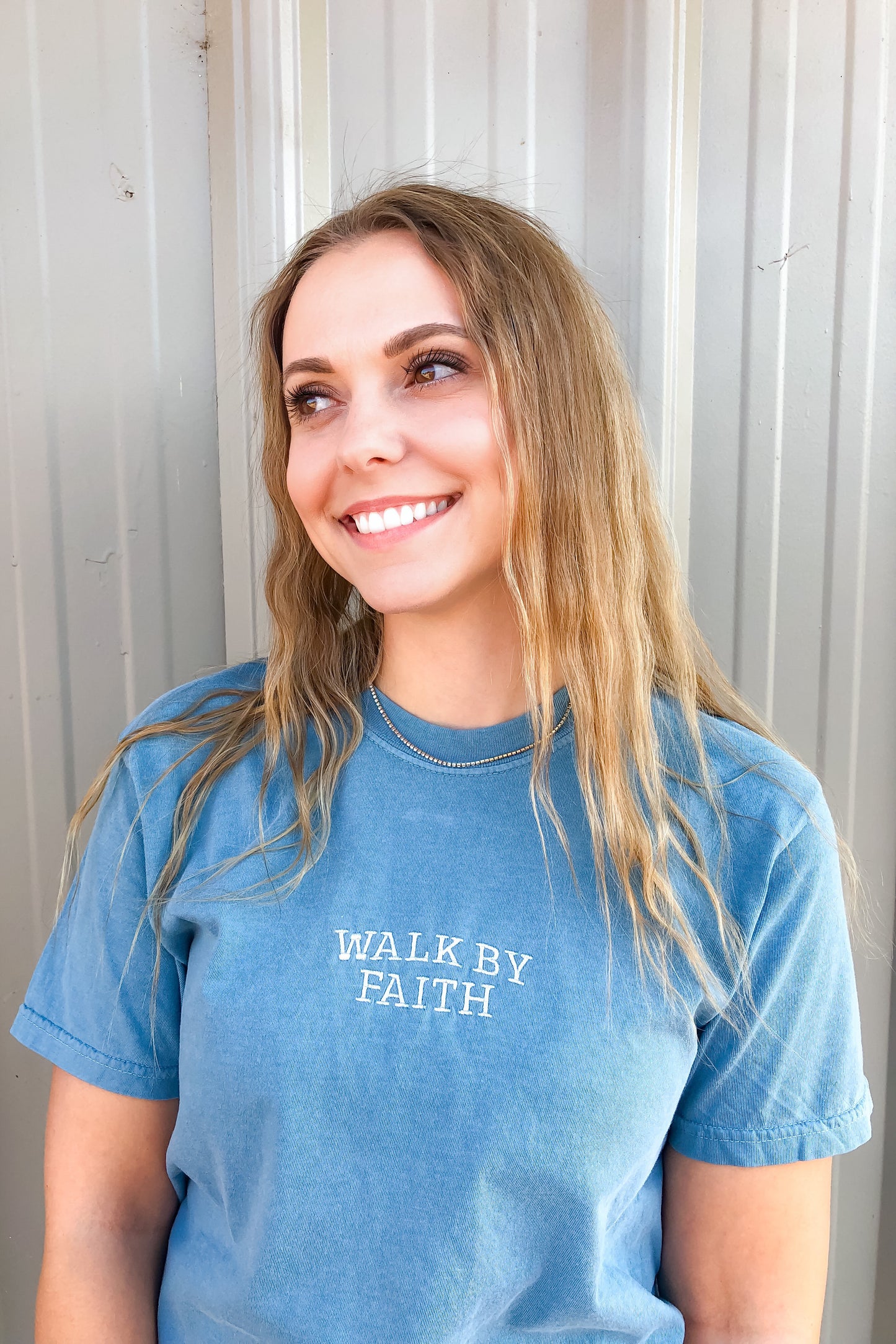 Walk By Faith Embroidered Tee, Denim