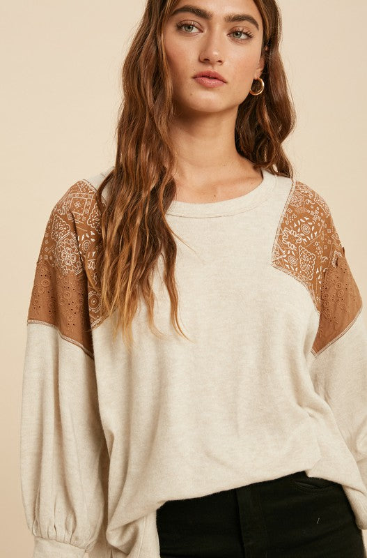 Let's Get Lost Contrast Sleeve Top, Oatmeal