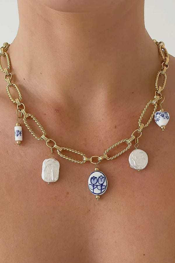 Reina Ceramic Floral Chain 18K Gold Plated Stainless Steel  Necklace, Gold