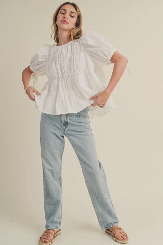American Honey Tiered Shirring Puff Sleeve Top, White