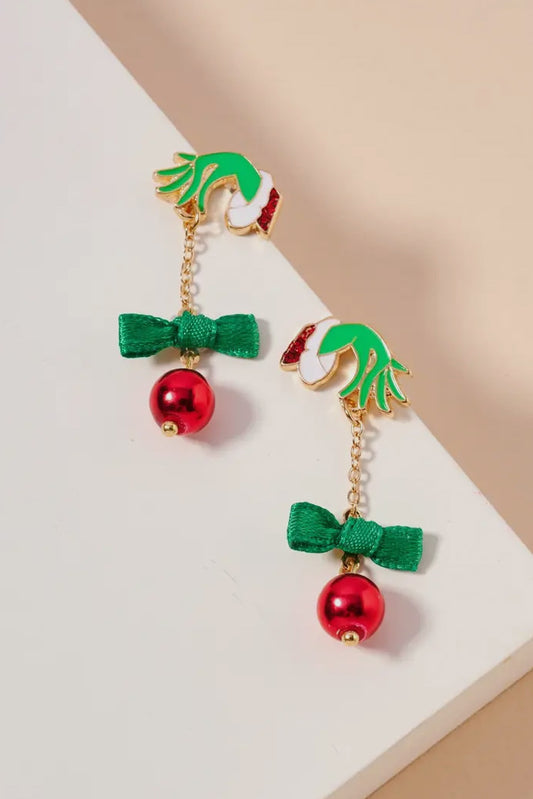 Christmas Green Monster & Ball Ornament Dangling Earrings