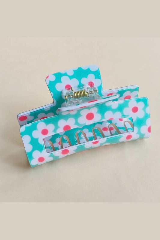 Flower Floral Print Hair Claw Clip, Blue