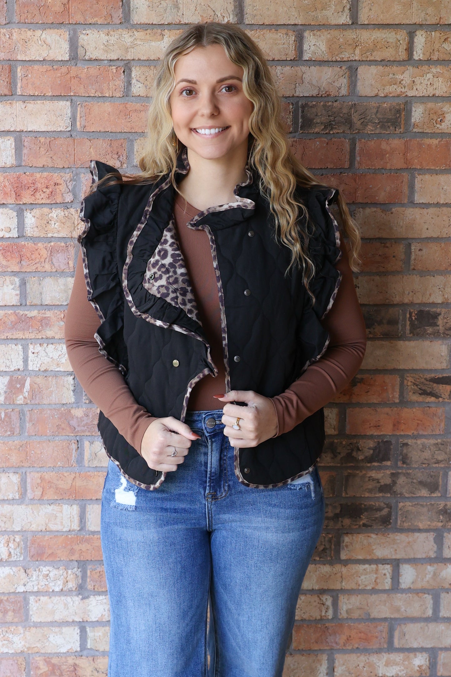 She Reigns Leopard Trim Quilted Ruffle Vest, Black