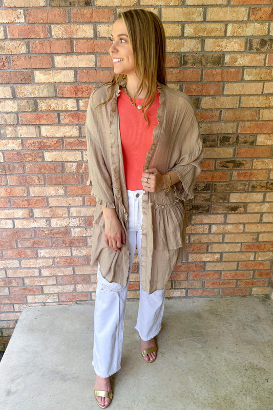 Keep you close Semi Sheer Ruffled Cardigan, Mushroom