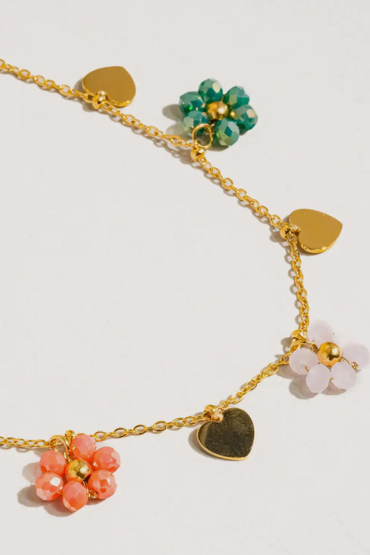 Hello Miss Flower & Hearts 18K Gold Plated Stainless Steel Necklace, Gold