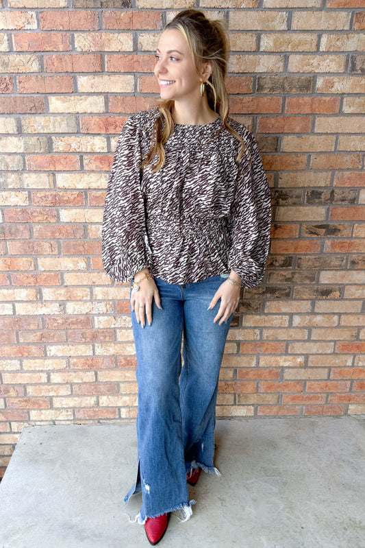 Exotic Looks Peplum Hem Zebra Printed Blouse, Taupe/Brown