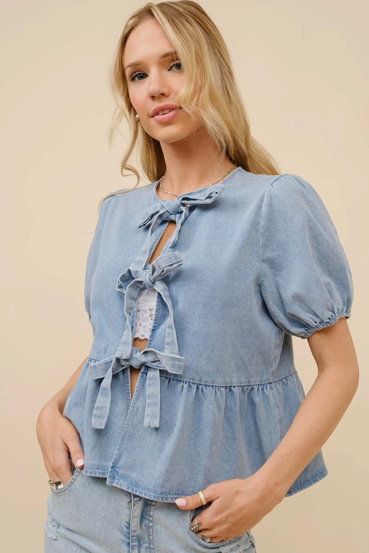 No Doubt Puff Sleeve Tie Front Denim Peplum Top, Light Wash