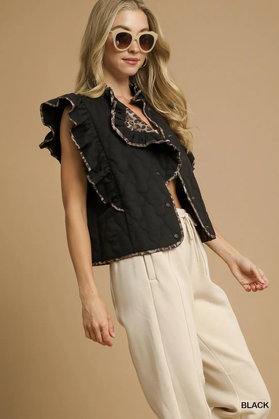She Reigns Leopard Trim Quilted Ruffle Vest, Black