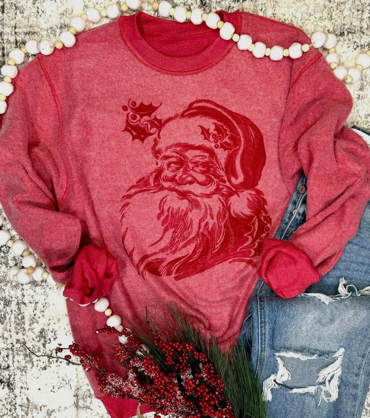 Vintage Inside Out Christmas Santa Crewneck, Heather Red