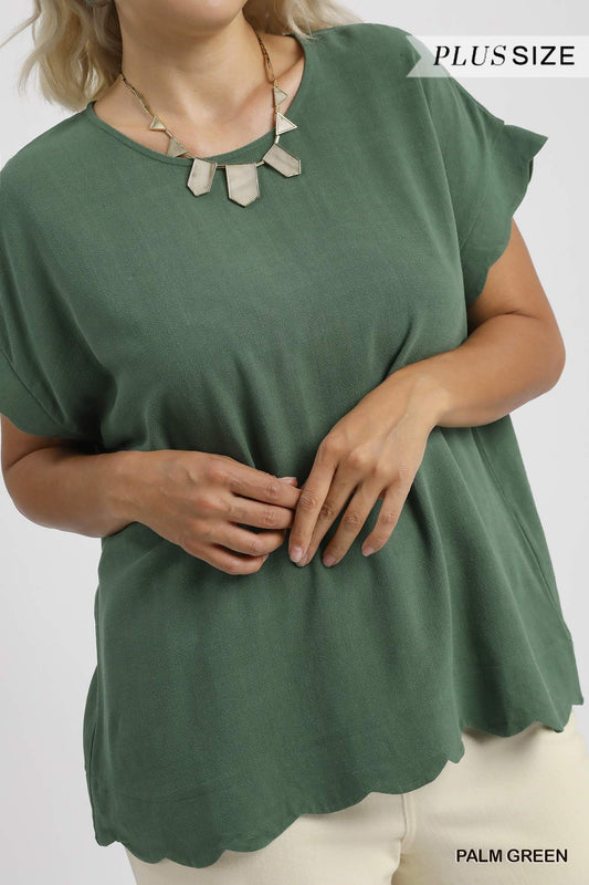 Run to You Scallop Hem Linen Blend Curvy Top, Palm Green