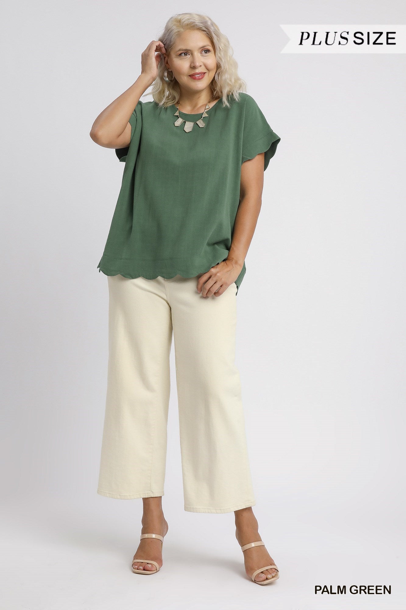 Run to You Scallop Hem Linen Blend Curvy Top, Palm Green