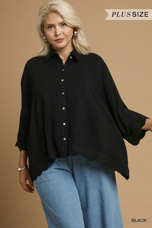 Peaceful Moment Linen Scallop Hem Button-Down Curvy Top, Black