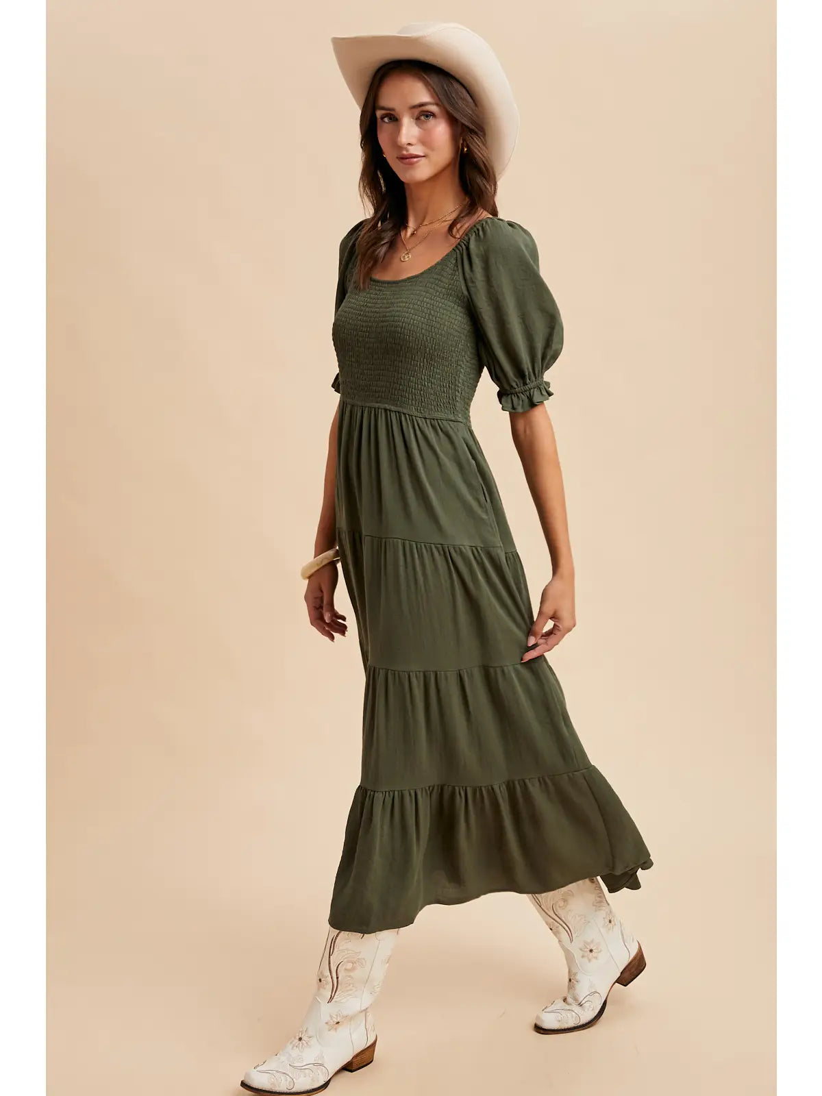Jolene Smocked Tiered Maxi Dress, Forest Green