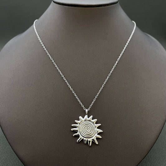 Sunny 18K Gold Plated Stainless Steel Vortex Sun Charm Necklace, Silver