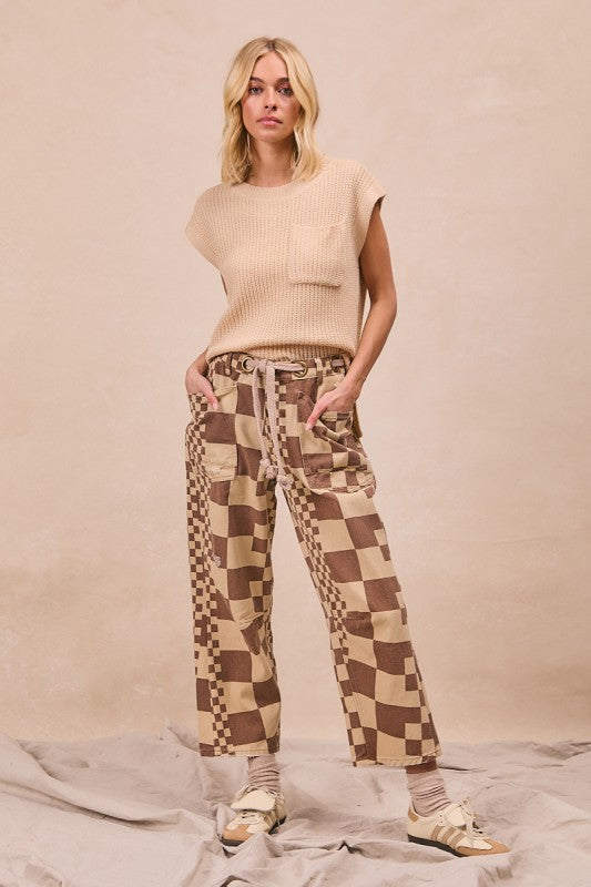 Born For Bold Washed Checker Board Printed Braided Waist Belt Pants