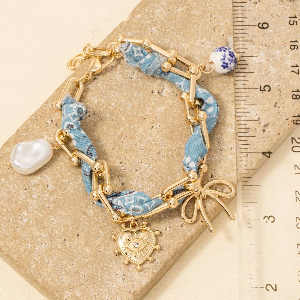 Assorted Charms Bandana And Chain Bracelet, Light Blue