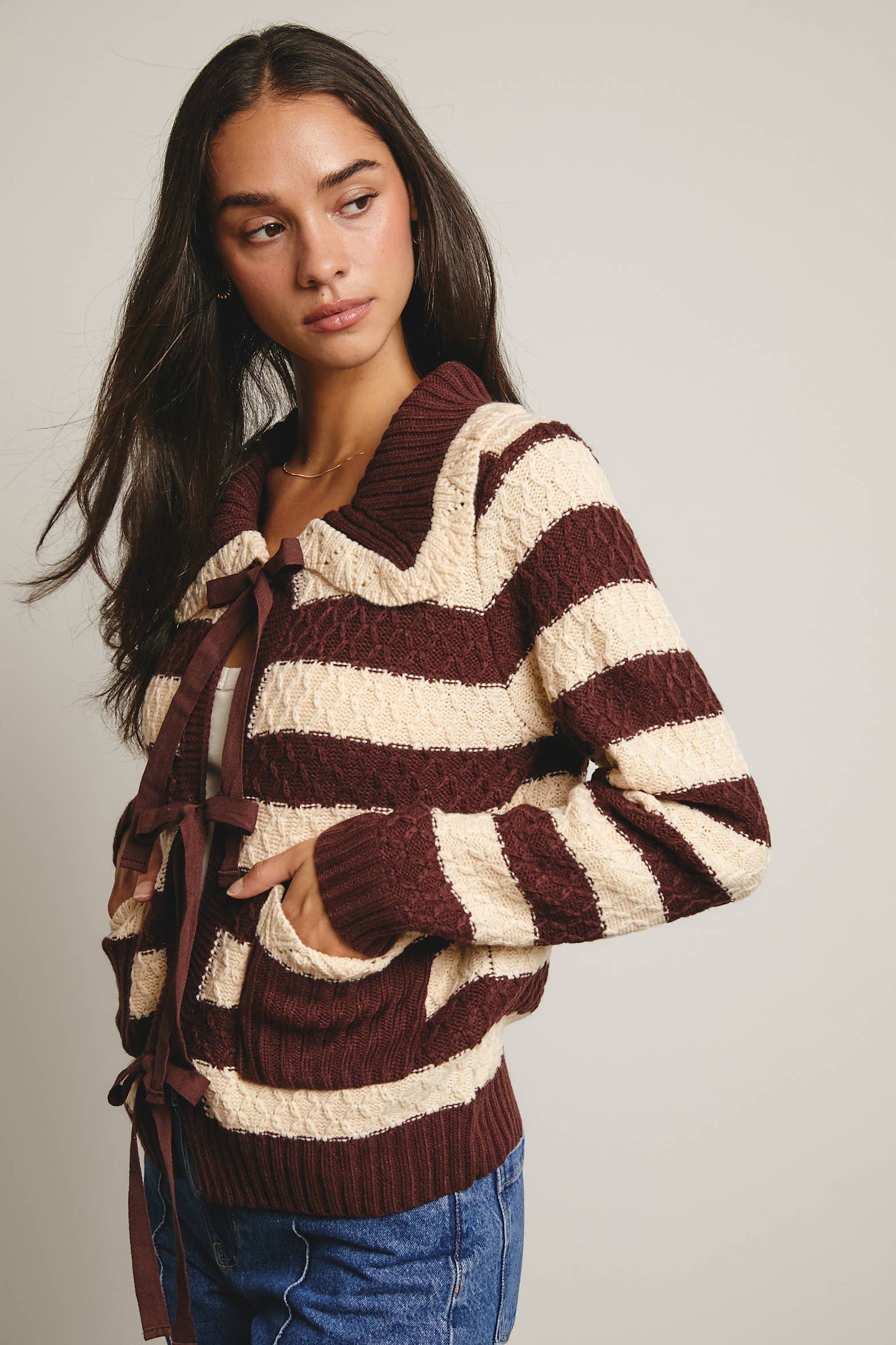 Coffee Date Striped Knit Peter Pan Collar Cardigan, Mocha