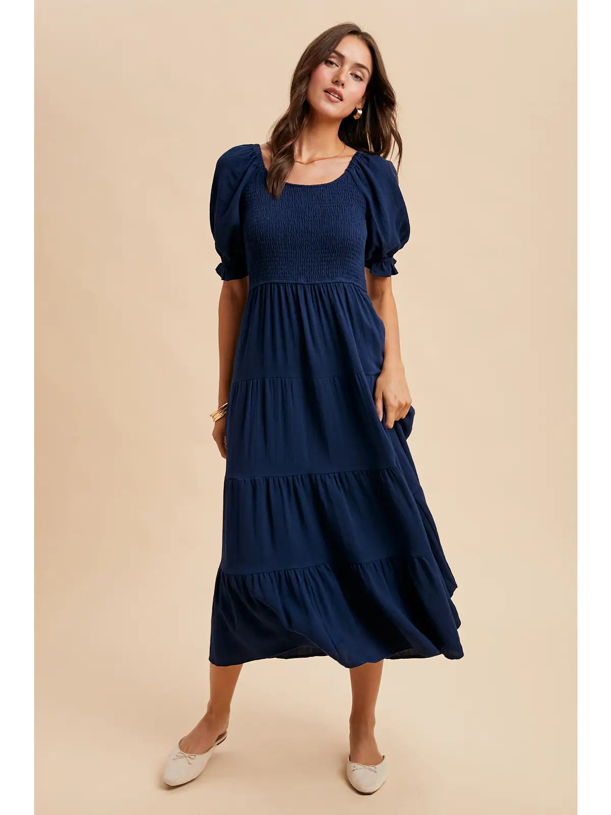 Jolene Smocked Tiered Maxi Dress, Classic Navy