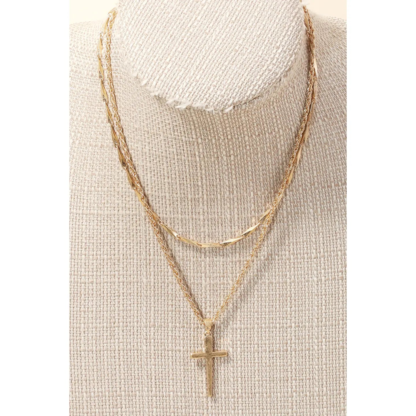 Cross Pendant Layered Chains Necklace, Gold