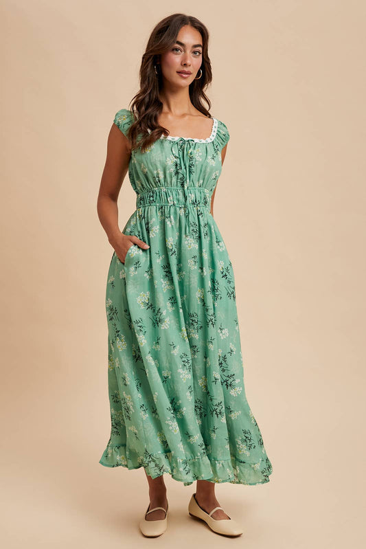 Blooming With Grace Cotton Floral Ruched Maxi Dress, Eucalyptus