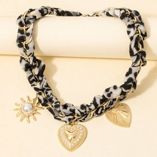 Pearl Studded Heart And Sun Charms Leopard Braided Bandana Necklace, Black