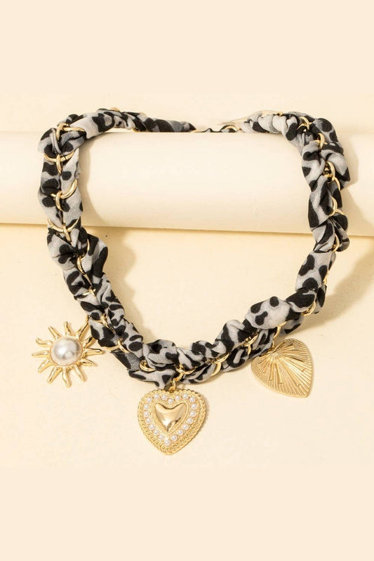Pearl Studded Heart And Sun Charms Leopard Braided Bandana Necklace, Black
