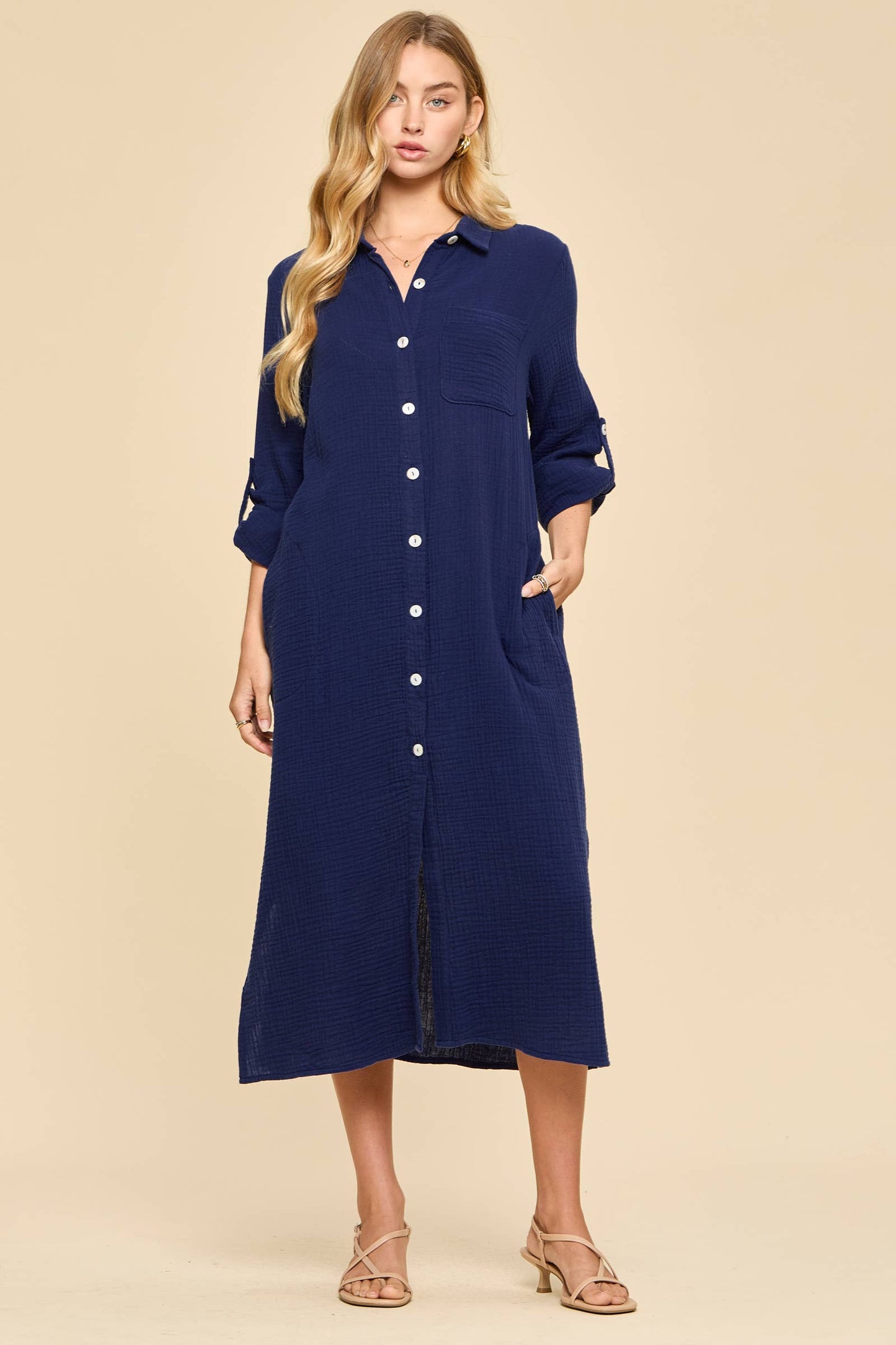 Soak Up The Sun Breathable Cotton Button-Down Duster, Navy