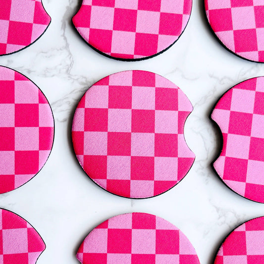 Pink Checkerboard Design Car Coasters