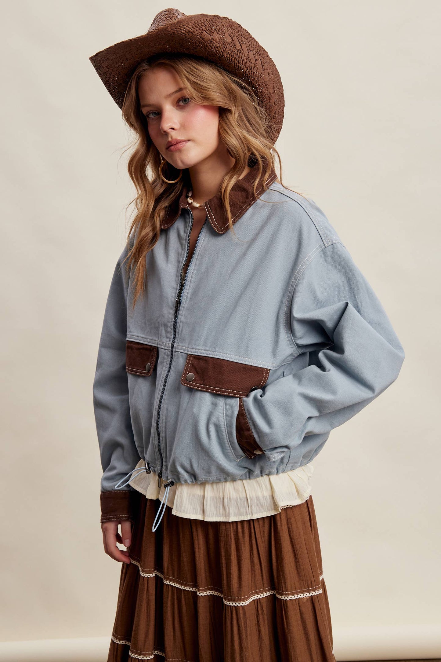 The Scenic Route Contrast Trim Western Utility Jacket, Dusty Blue