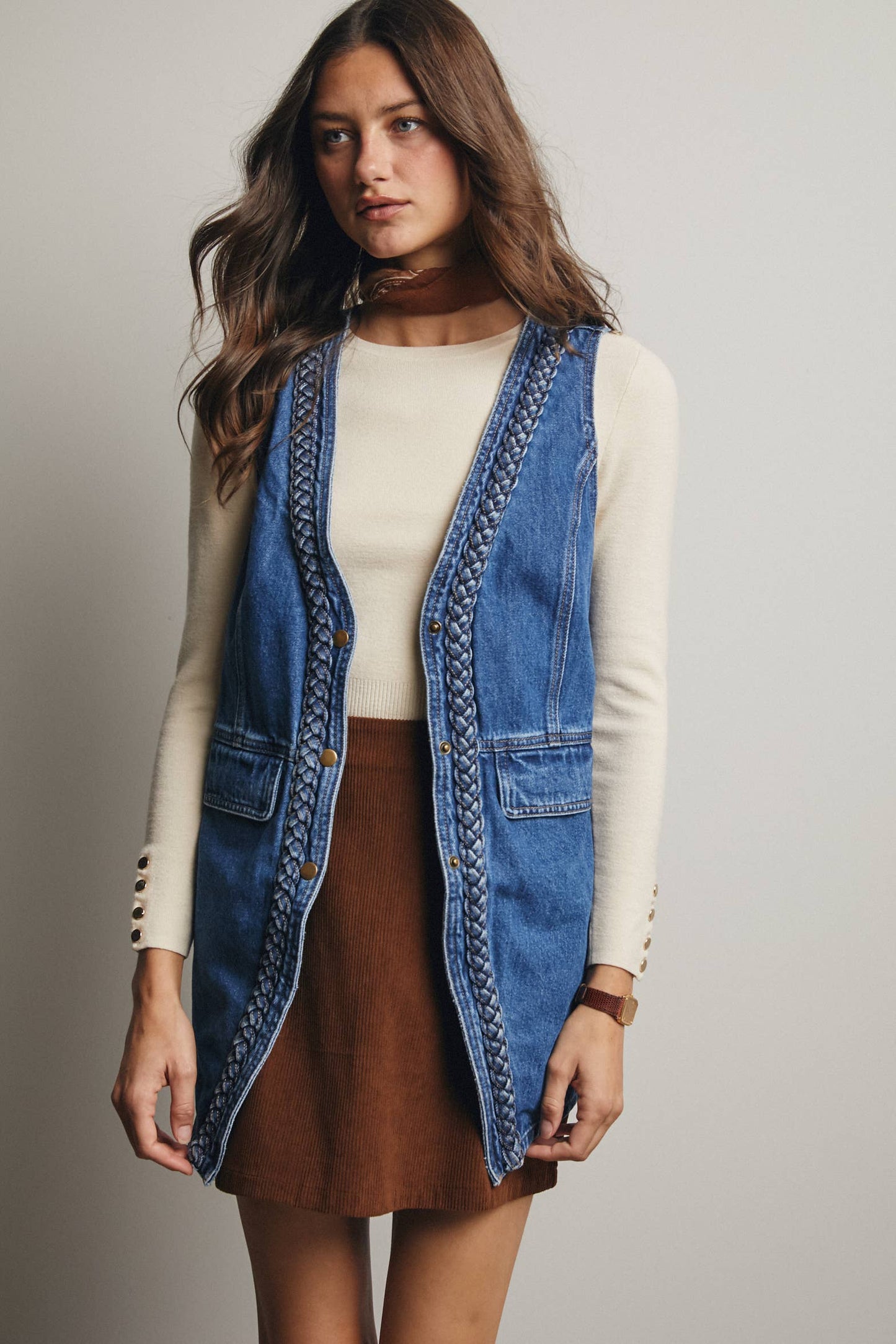 Meet Me There Braided Trim Denim Vest, Blue Haze