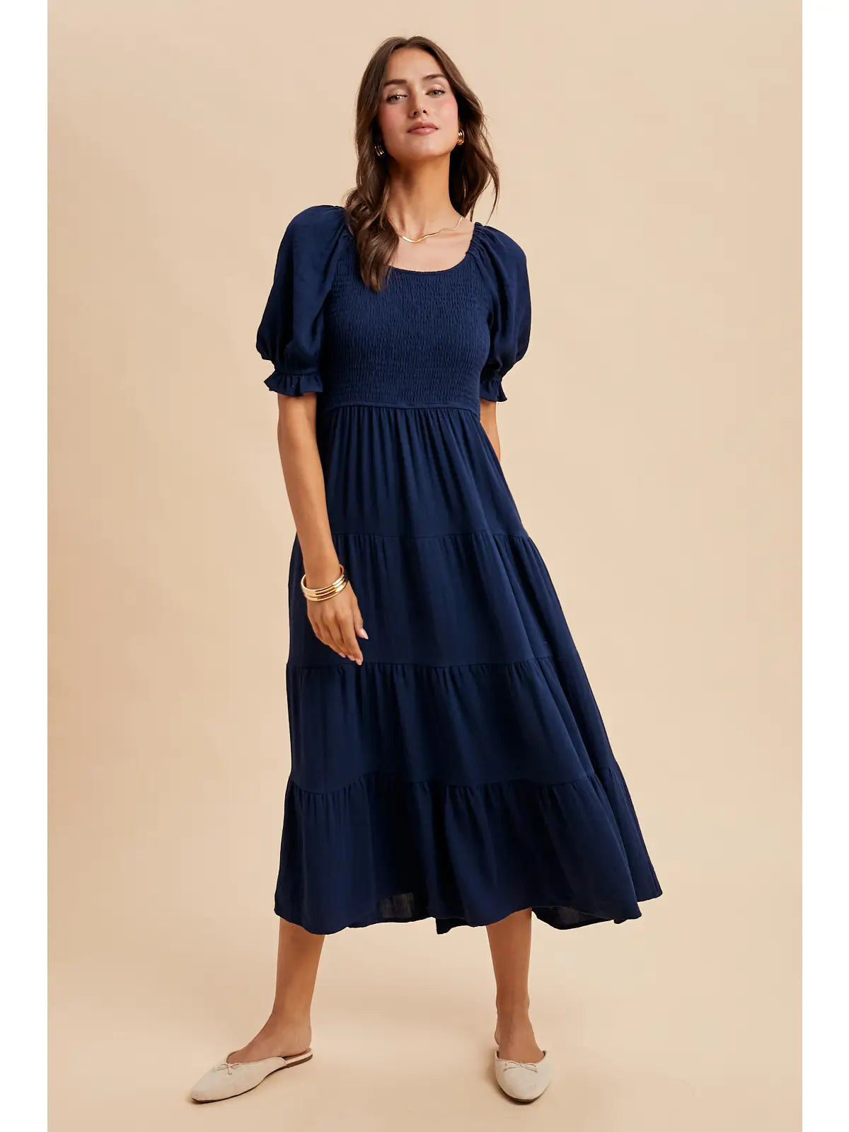 Jolene Smocked Tiered Maxi Dress, Classic Navy