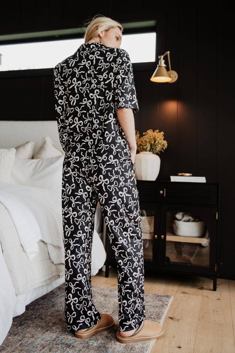 Early Mornings Bow Print Pajama Set, Black
