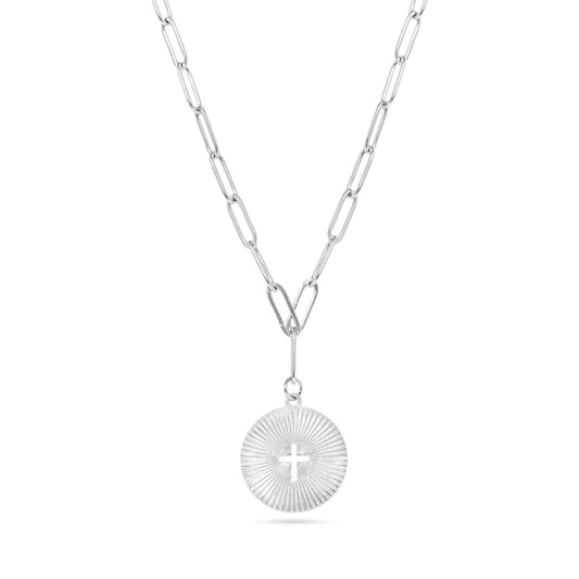 Pure Joy 18K Gold Plated Stainless Steel cross Paperclip Charm Necklace, Silver