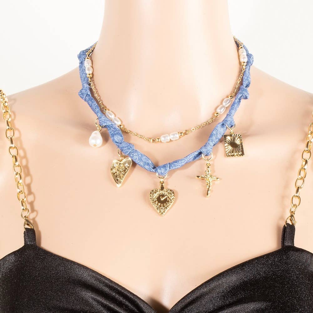 Paisley Denim And Assorted Charms Chain Layered Necklace, Gold