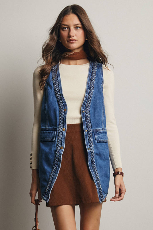 Meet Me There Braided Trim Denim Vest, Blue Haze