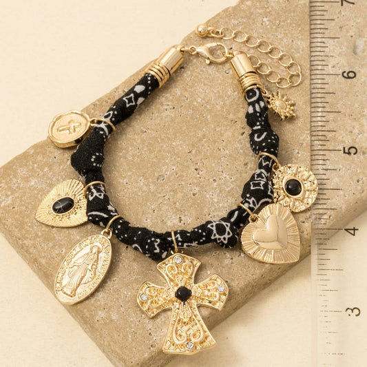 Cross And Heart Charms Bandana Bracelet, Gold/Black