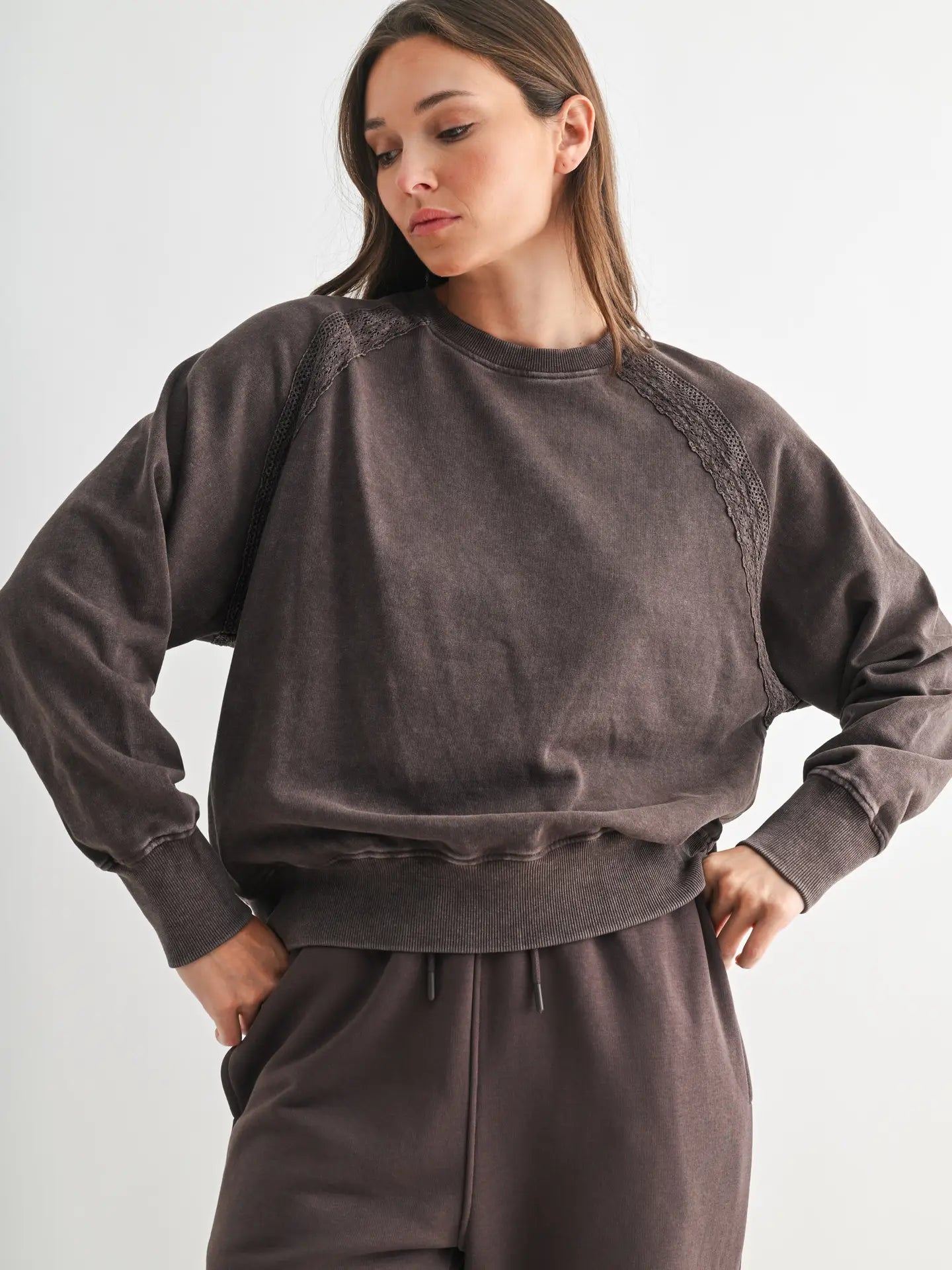 Morning Coffee Soft Bloom Mineral Wash Lace Pullover, Espresso