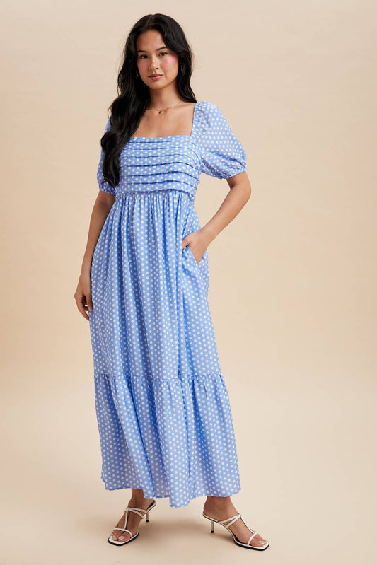Just Say Yes Pleated Polka Dot Maxi Dress, Blue