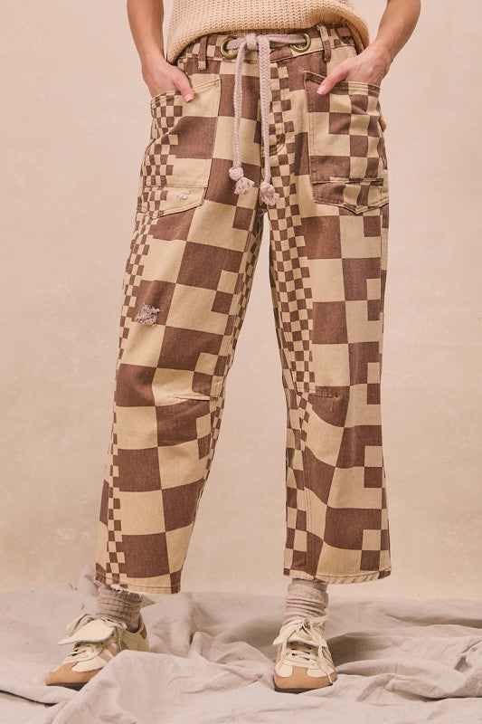 Born For Bold Washed Checker Board Printed Braided Waist Belt Pants