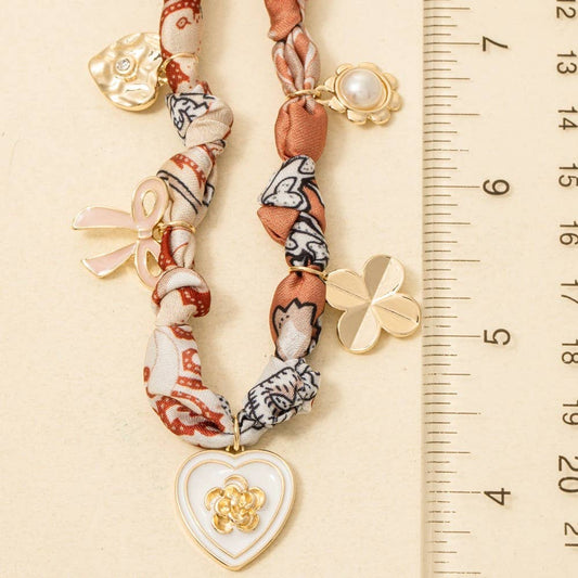 Enamel Heart And Ribbon Bow Charms Bandana Knotted Necklace, Gold