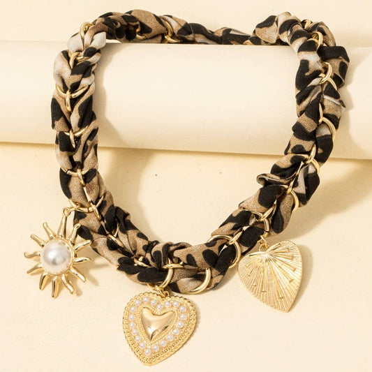 Pearl Studded Heart And Sun Charms Leopard Braided Bandana Necklace, Brown