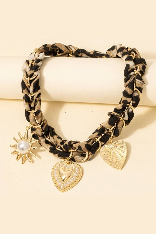 Pearl Studded Heart And Sun Charms Leopard Braided Bandana Necklace, Brown
