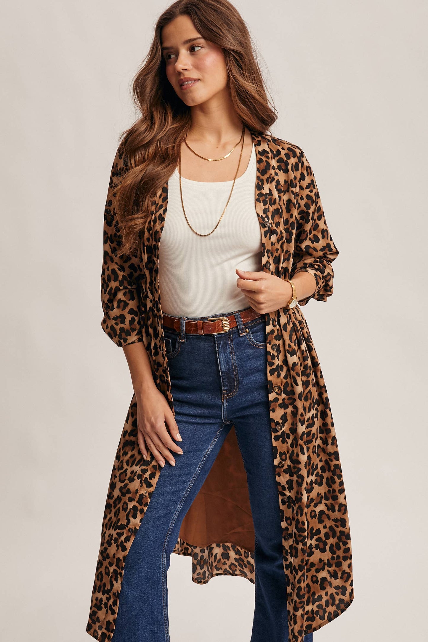 Wild Romance Leopard Print Button-Front Cardigan/Midi Dress