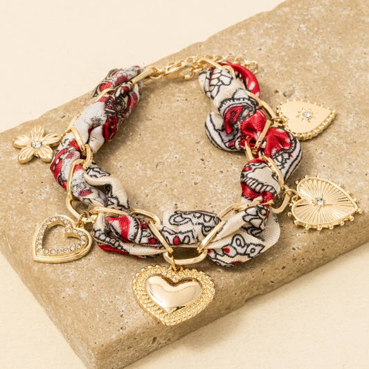 Hearts And Flower Charms Bandana Chain Braided Bracelet, Gold/Red