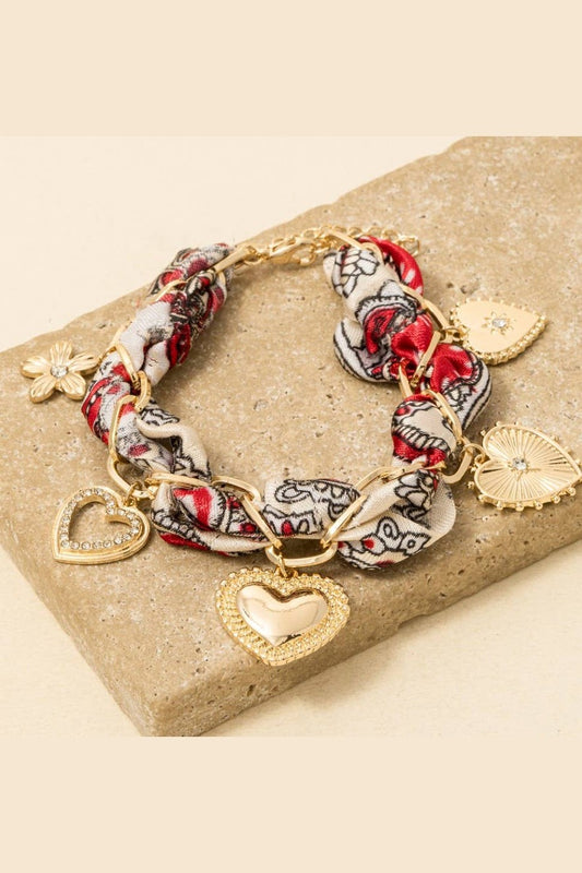 Hearts And Flower Charms Bandana Chain Braided Bracelet, Gold/Red