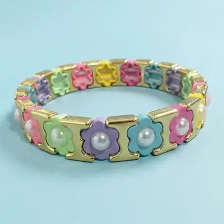 Florence Enamel Pearl Flower Stretch Bracelet, Rainbow