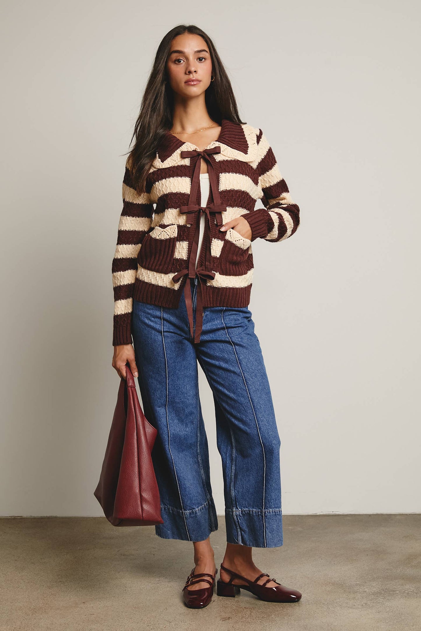 Coffee Date Striped Knit Peter Pan Collar Cardigan, Mocha