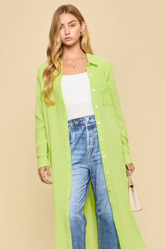 Soak Up The Sun Breathable Cotton Button-Down Duster, Limeade