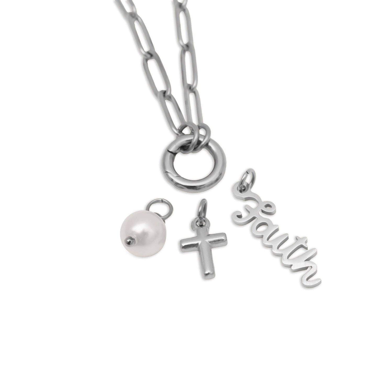 Just Have Faith 18K Gold Plated Stainless Steel Charm Holder Necklace Set, Silver